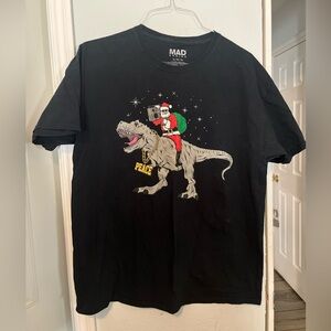 MAD Engine Tee Christmas Theme Dinosaur Santa Black Short Sleeve XL